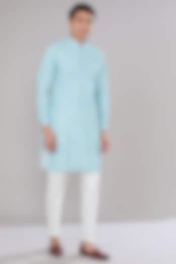 Blue & Green Cotton Silk Ikat Printed Kurta Set by RNG Safawala Men