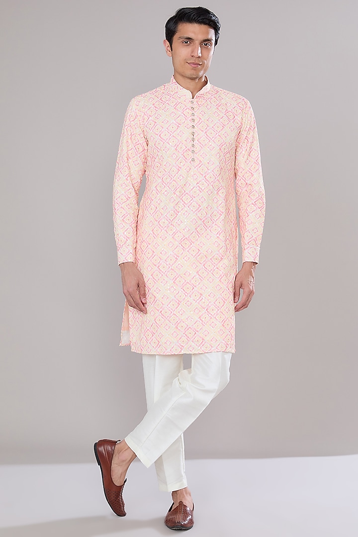 Pink & Yellow Cotton Silk Ikat Printed Kurta Set by RNG Safawala Men