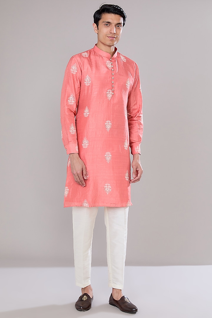 Peach Cotton Silk Sequins Embroidered Kurta Set by RNG Safawala Men