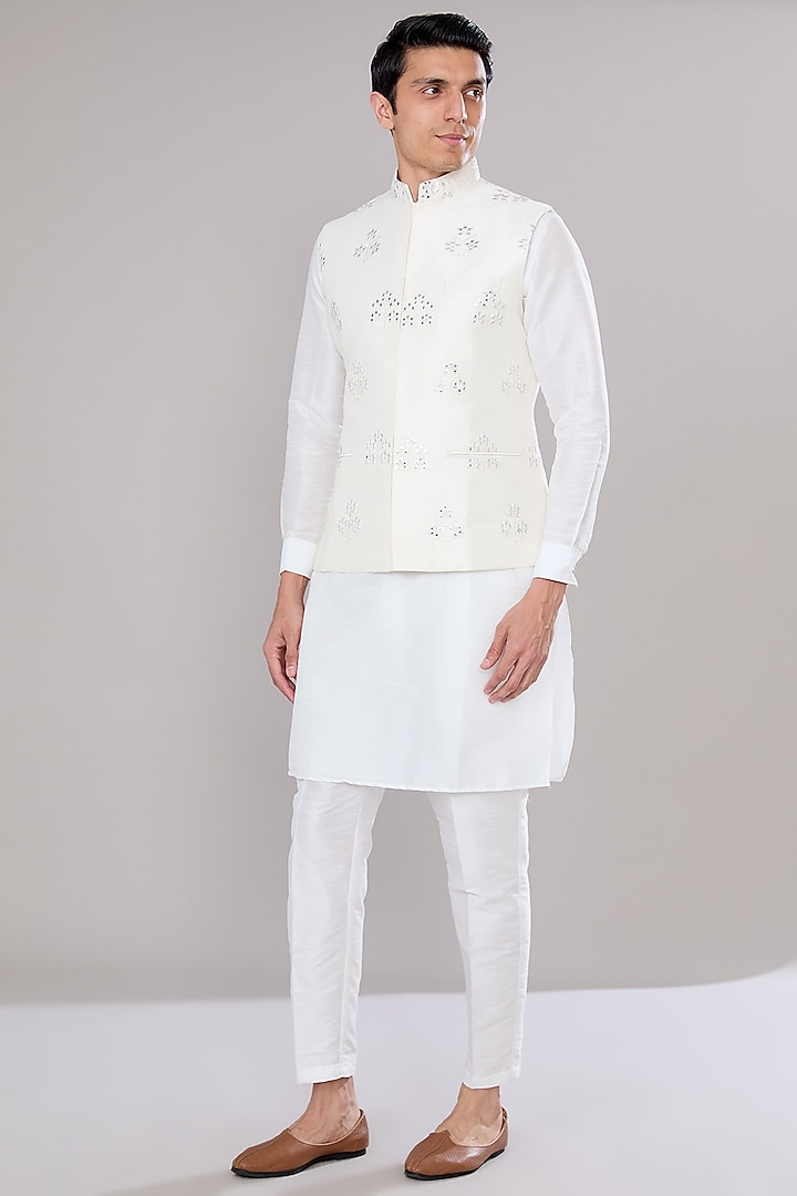 Off-White Raw Silk Mirror Gota Embroidered Nehru Jacket Set by RNG Safawala Men