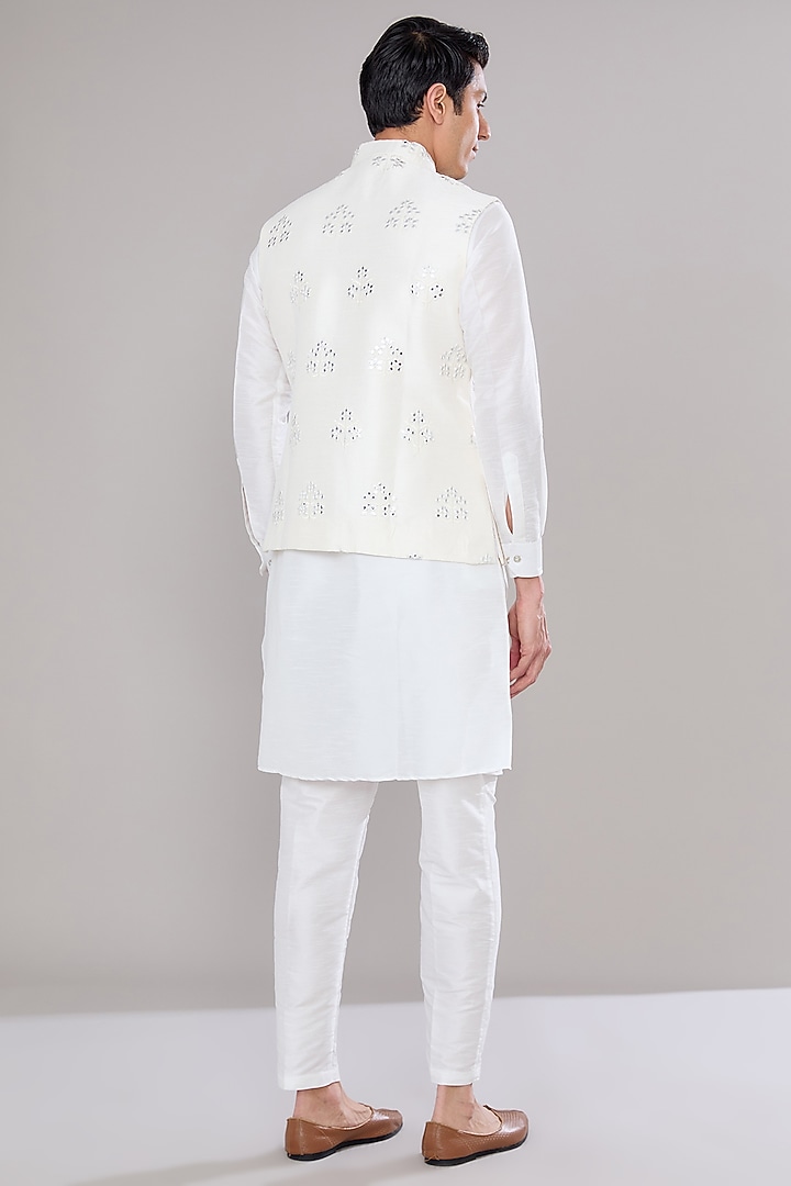 Off-White Raw Silk Mirror Gota Embroidered Nehru Jacket Set by RNG Safawala Men at Pernia's Pop Up Shop