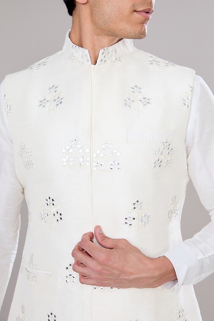 Off-White Raw Silk Mirror Gota Embroidered Nehru Jacket Set by RNG Safawala Men at Pernia's Pop Up Shop
