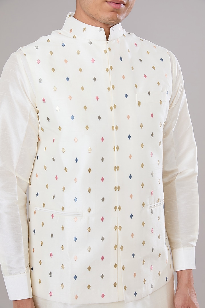 Off-White Raw Silk Mirror Gota Embroidered Nehru Jacket Set by RNG Safawala Men at Pernia's Pop Up Shop