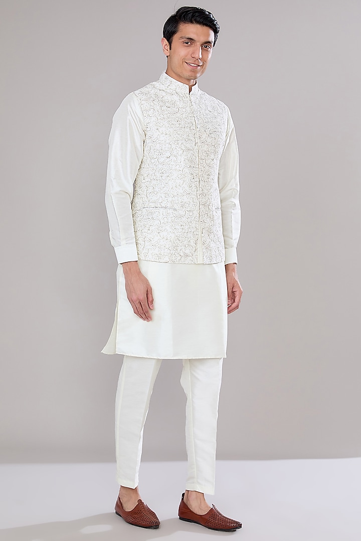 Off-White Raw Silk Floral Printed Nehru Jacket Set by RNG Safawala Men