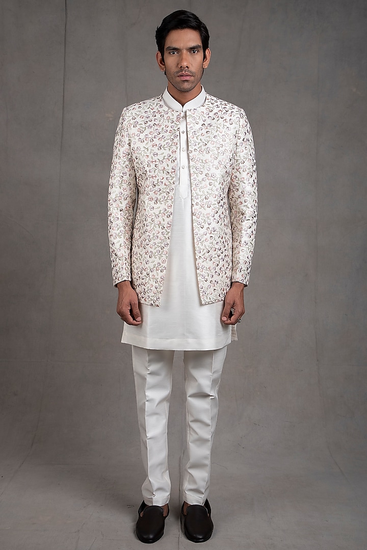 Ivory Dupion Silk Indo-Western Set by RNG Safawala Men