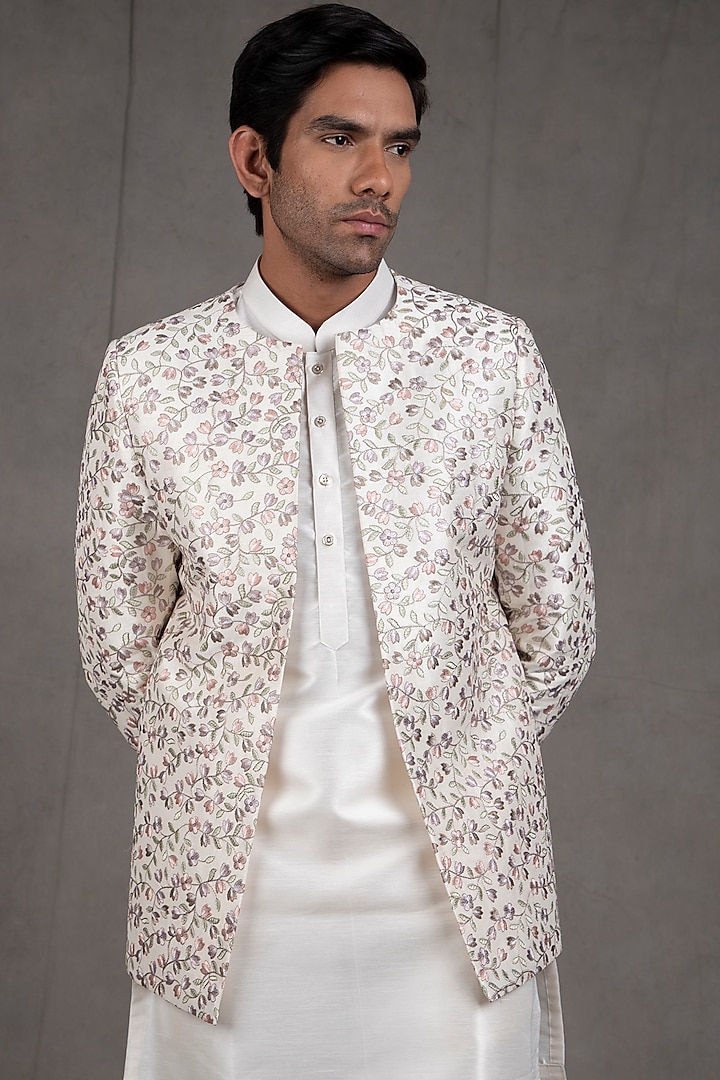 Ivory Dupion Silk Indo-Western Set by RNG Safawala Men at Pernia's Pop Up Shop
