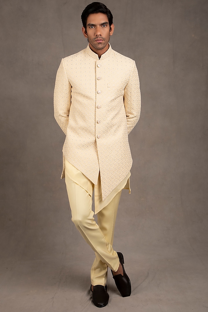 Cream Modal Silk Indo-Western Set by RNG Safawala Men