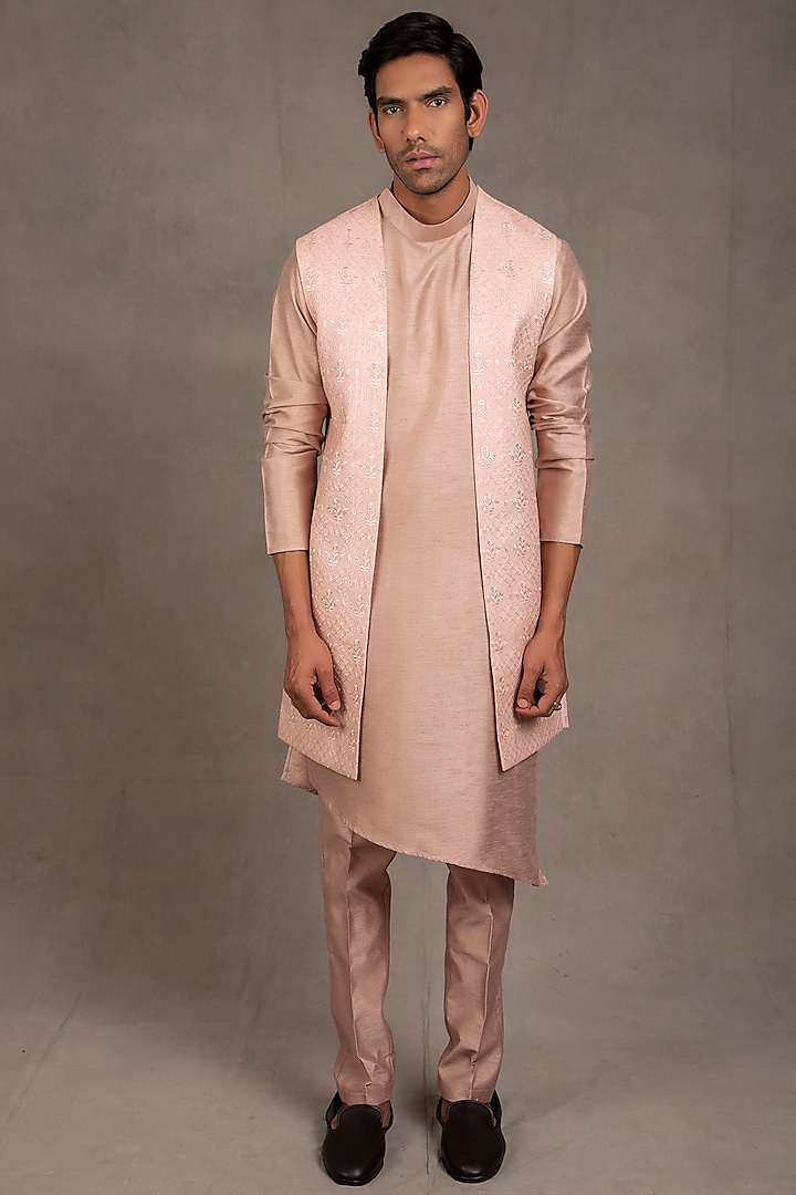 Dusty Rose Pink Dupion Silk Indo-Western Set by RNG Safawala Men