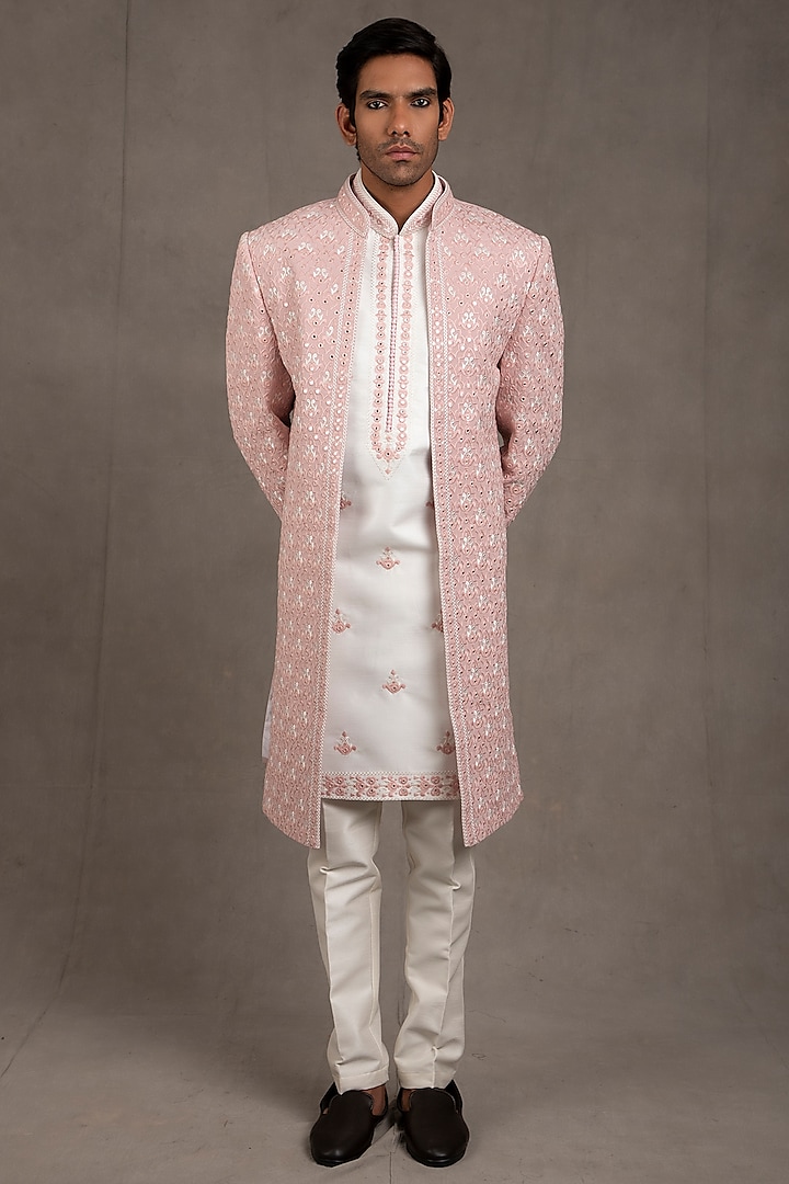 Old Rose Embroidered Indo-Western Set by RNG Safawala Men at Pernia's Pop Up Shop