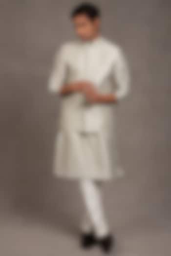 Duckegg Grey Raw Silk Embroidered Bundi Jacket Set by RNG Safawala Men at Pernia's Pop Up Shop