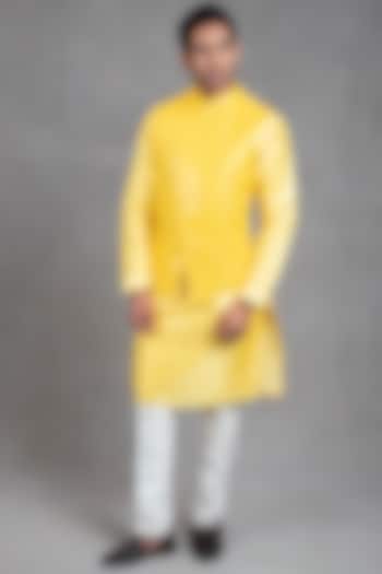 Bright Yellow Kurta Set With Bundi Jacket by RNG Safawala Men