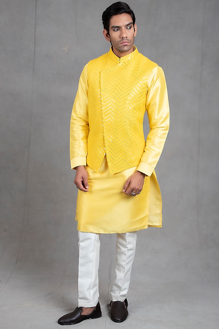 Bright Yellow Kurta Set With Bundi Jacket by RNG Safawala Men