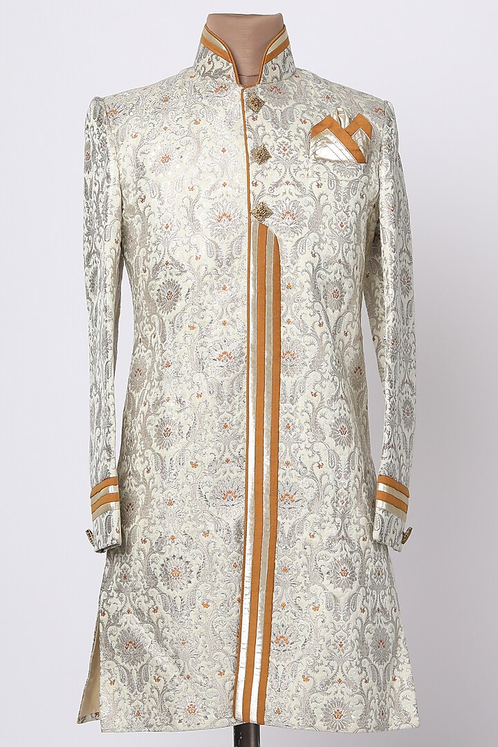 White Brocade Silk Indo Western Jacket by RNG Safawala Men at Pernia's Pop Up Shop