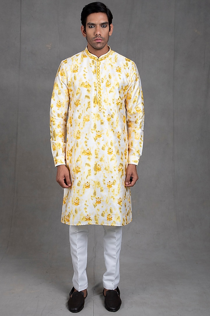 White & Yellow Tie-Dye Printed Kurta Set by RNG Safawala Men