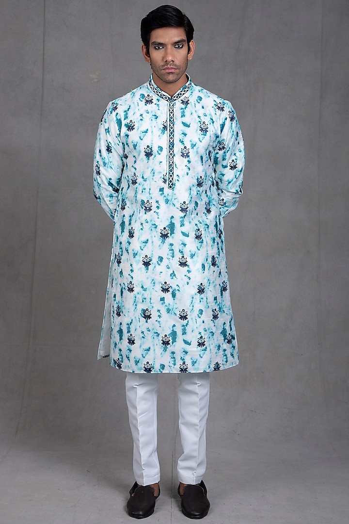 Tiffany Blue Tie-Dye Printed Kurta Set by RNG Safawala Men