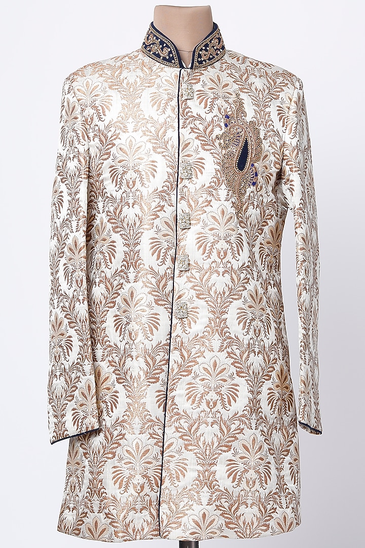 Off-White Brocade Silk Indo Western Jacket by RNG Safawala Men at Pernia's Pop Up Shop