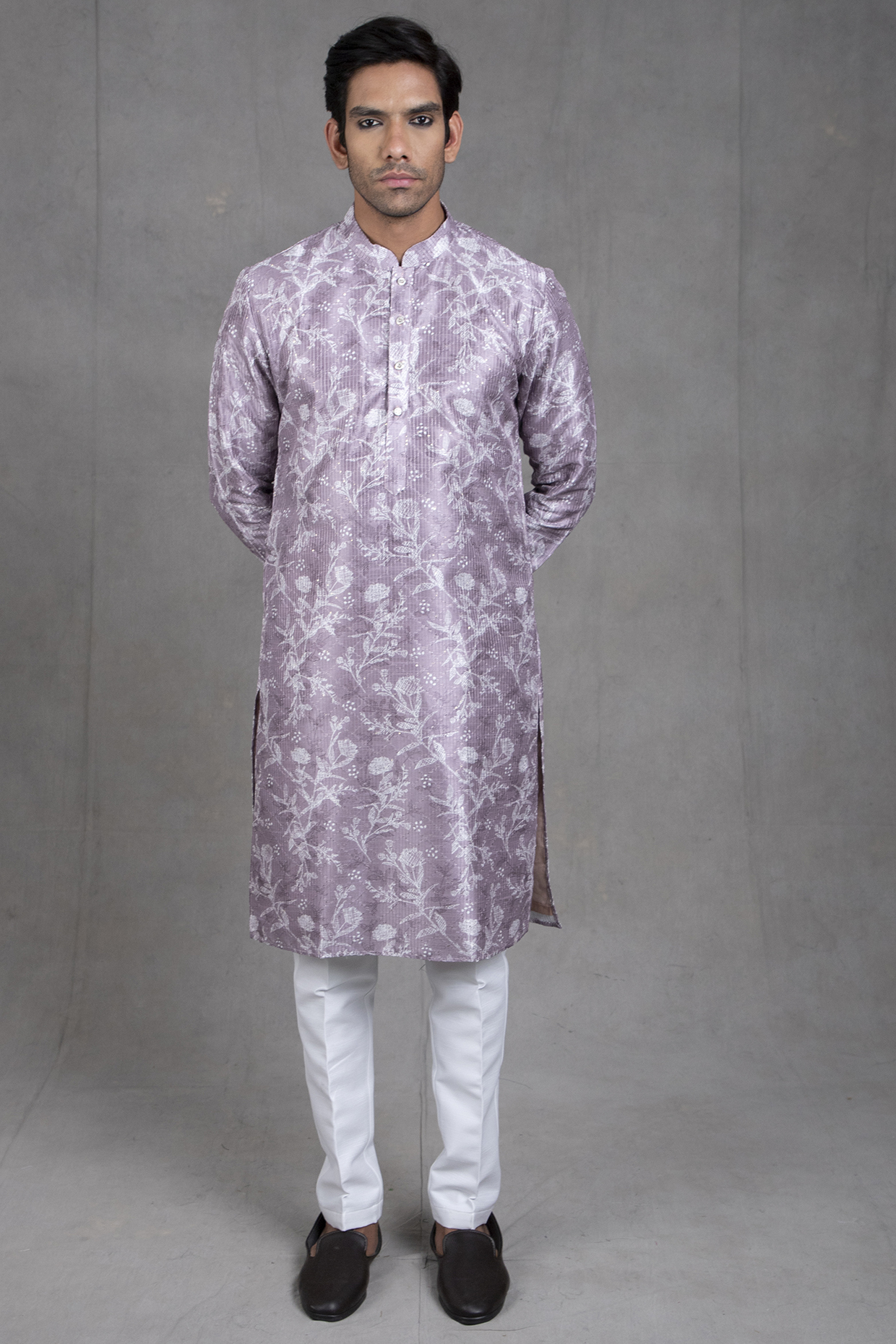 Lilac Georgette Printed Kurta Set by RNG Safawala Men