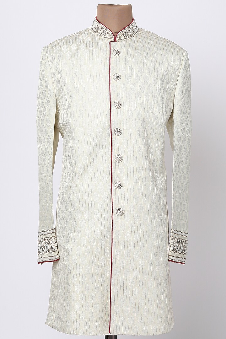 White Raw Silk Embroidered Indo Western Jacket by RNG Safawala Men at Pernia's Pop Up Shop