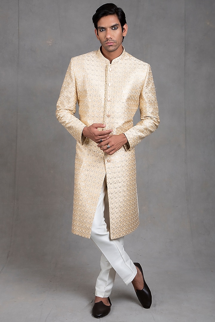 Light Beige Embroidered Sherwani Set by RNG Safawala Men