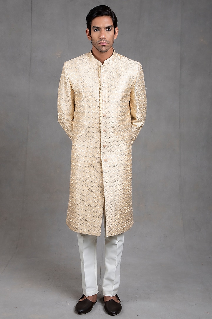 Light Beige Embroidered Wedding Sherwani Set by RNG Safawala Men at Pernia's Pop Up Shop