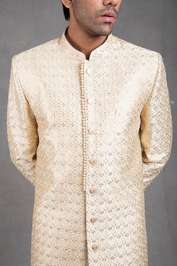 Light Beige Embroidered Wedding Sherwani Set by RNG Safawala Men at Pernia's Pop Up Shop