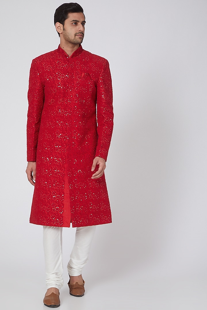 Cherry Red Chikankari Embroidered Sherwani Set by RNG Safawala Men