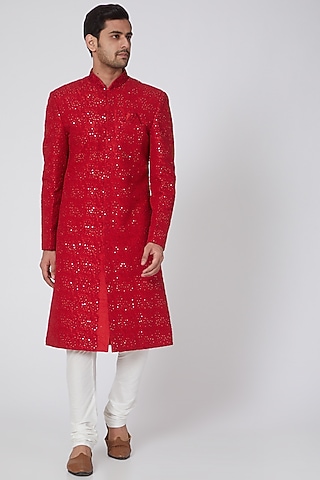 Cherry Red Chikankari Embroidered Sherwani Set by RNG Safawala Men