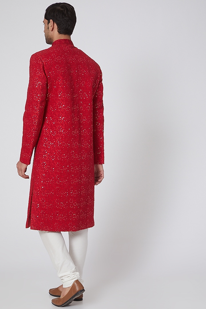 Cherry Red Chikankari Embroidered Wedding Sherwani Set by RNG Safawala Men at Pernia's Pop Up Shop