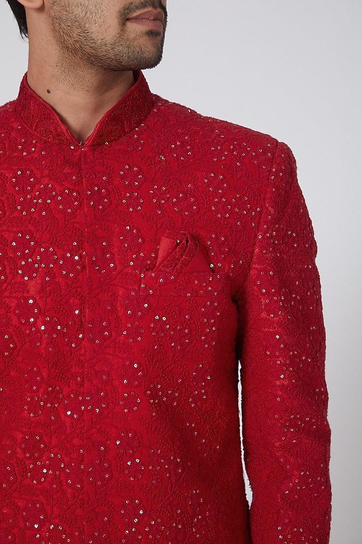 Cherry Red Chikankari Embroidered Wedding Sherwani Set by RNG Safawala Men at Pernia's Pop Up Shop