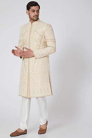 Beige Sequins Embroidered Sherwani Set by RNG Safawala Men