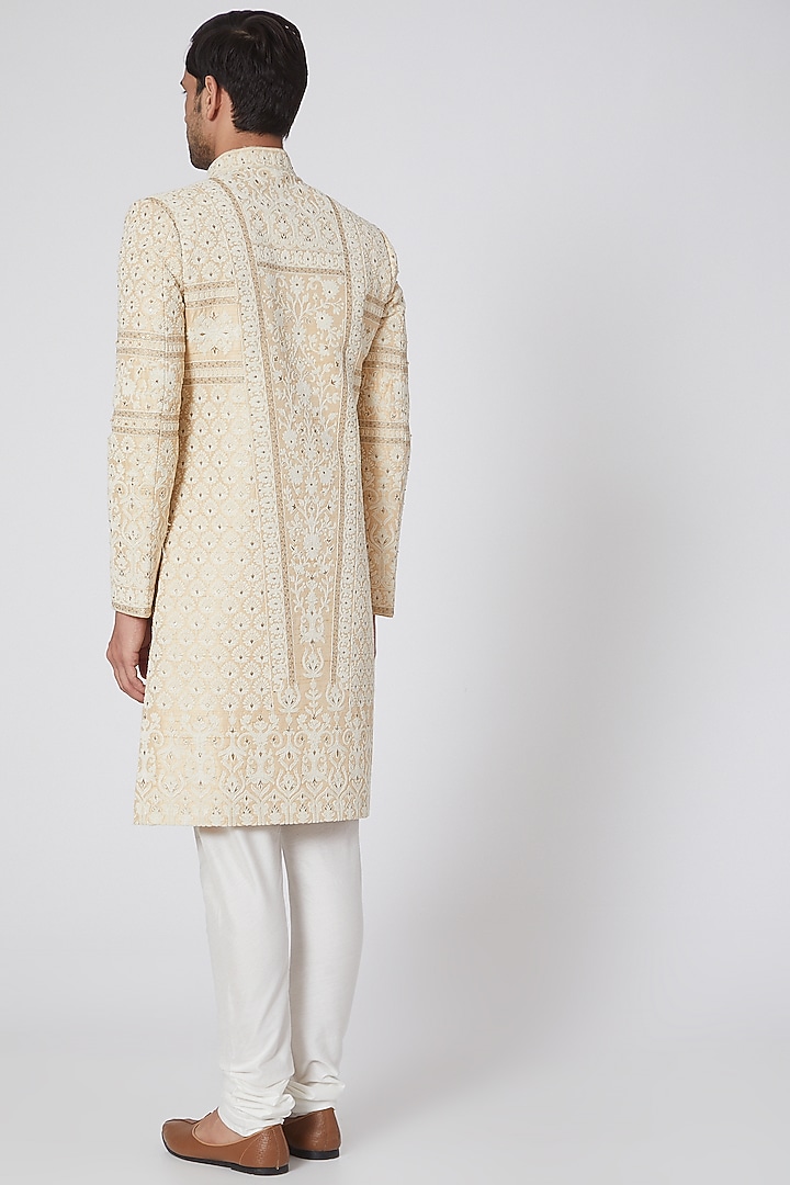 Beige Sequins Embroidered Wedding Sherwani Set by RNG Safawala Men at Pernia's Pop Up Shop