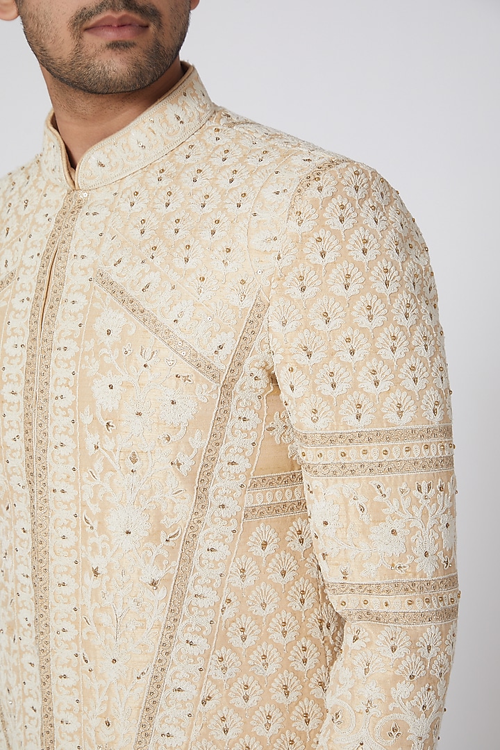 Beige Sequins Embroidered Wedding Sherwani Set by RNG Safawala Men at Pernia's Pop Up Shop