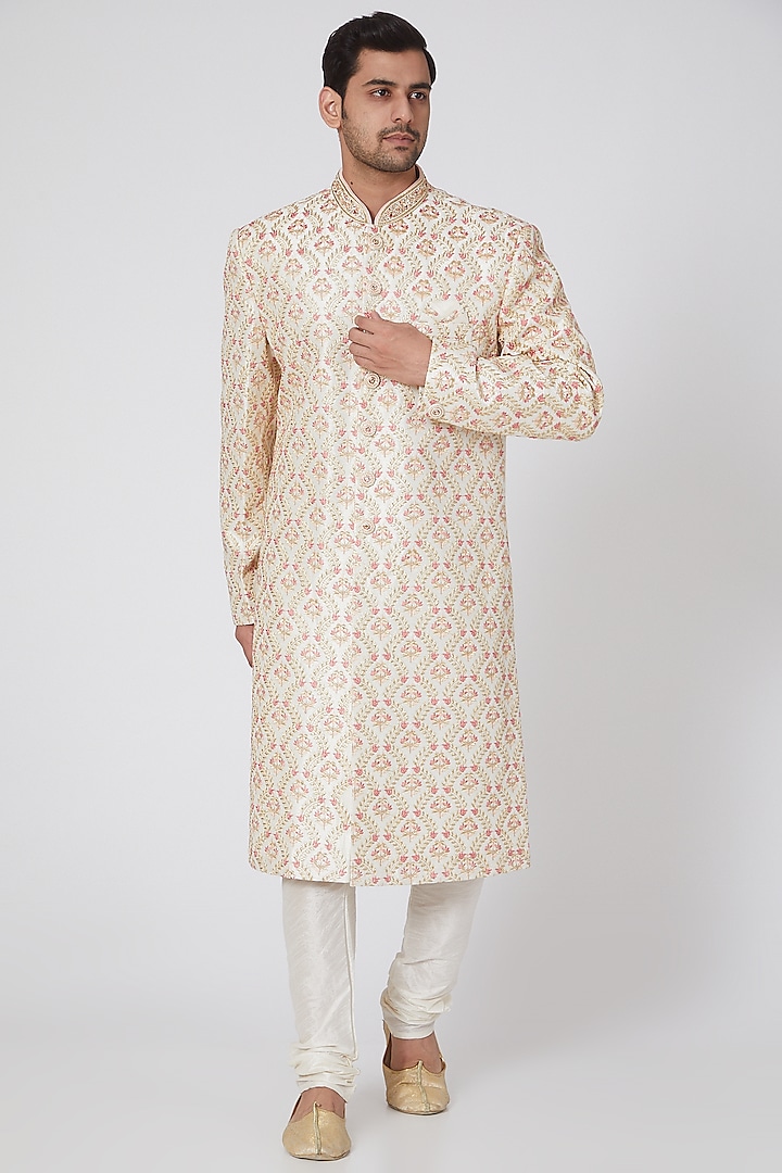 White Zari Embroidered Sherwani Set by RNG Safawala Men