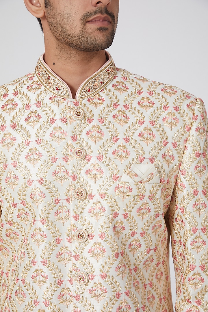 White Zari Embroidered Wedding Sherwani Set by RNG Safawala Men at Pernia's Pop Up Shop