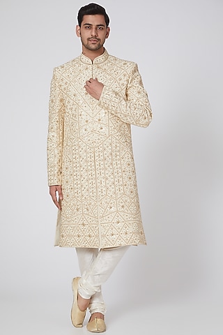 Beige Zari Embroidered Sherwani Set by RNG Safawala Men
