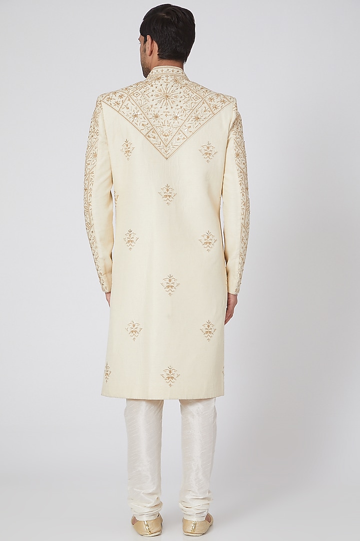 Beige Zari Embroidered Wedding Sherwani Set by RNG Safawala Men at Pernia's Pop Up Shop