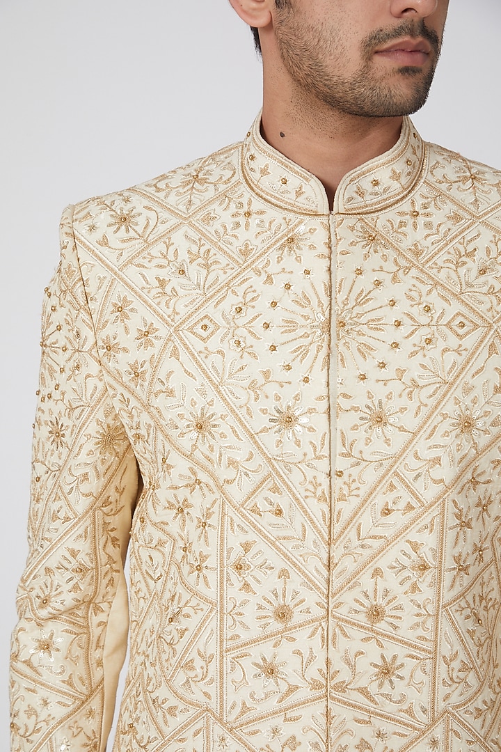 Beige Zari Embroidered Wedding Sherwani Set by RNG Safawala Men at Pernia's Pop Up Shop