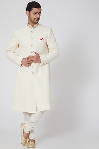 White Zardosi Embroidered Sherwani Set by RNG Safawala Men