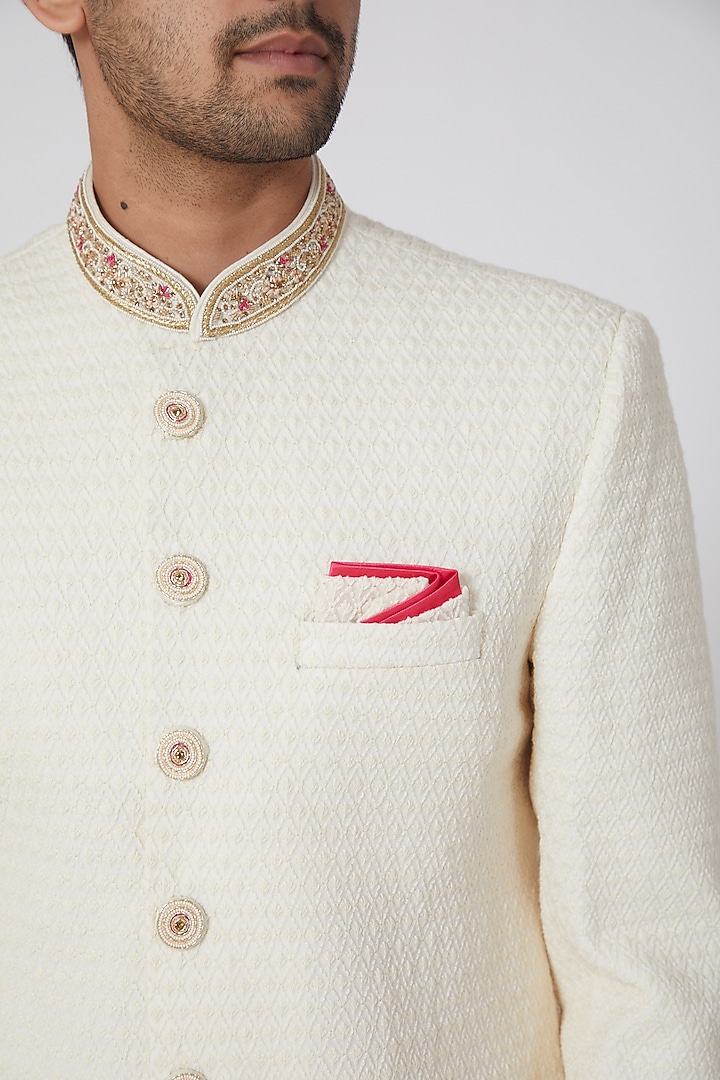 White Zardosi Embroidered Wedding Sherwani Set by RNG Safawala Men at Pernia's Pop Up Shop