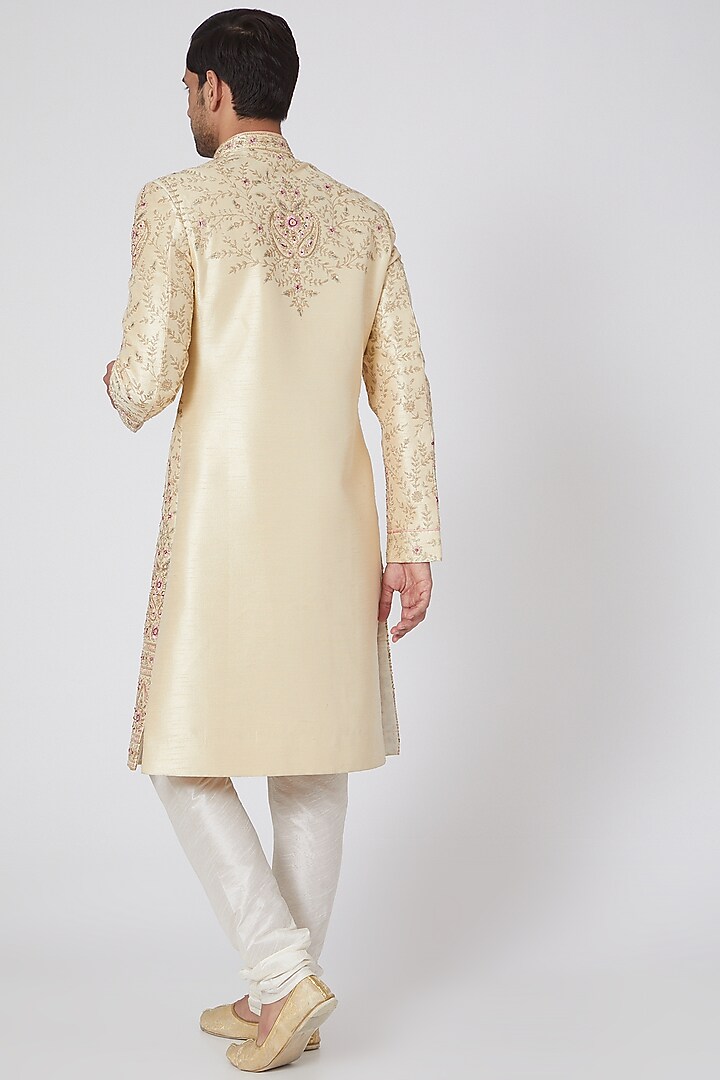 Beige Zardosi Embroidered Groom Sherwani Set by RNG Safawala Men at Pernia's Pop Up Shop