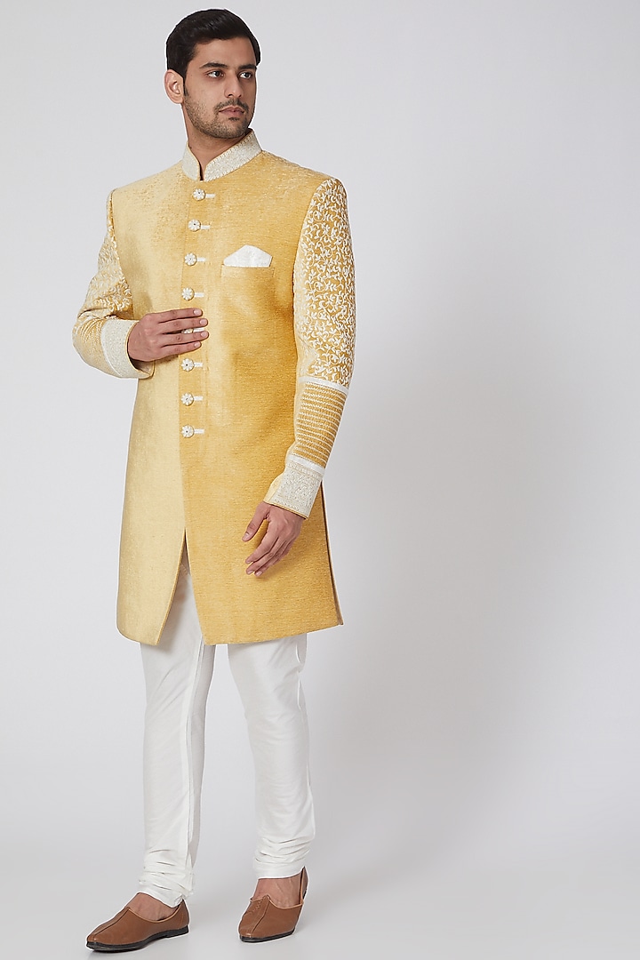 Yellow Thread Embroidered Achkan Jacket Set by RNG Safawala Men