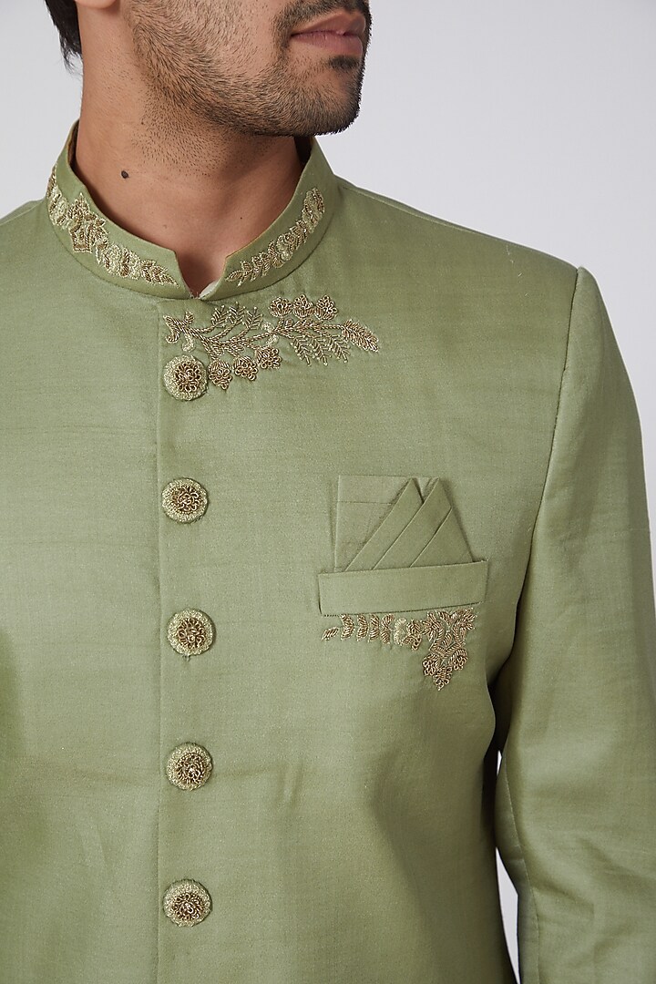 Olive Green Zardosi Embroidered Achkan Jacket set by RNG Safawala Men at Pernia's Pop Up Shop