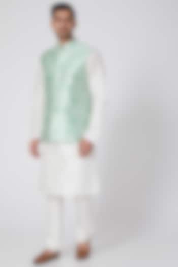 Aqua Green Floral Printed Bundi Jacket With Kurta Set by RNG Safawala Men