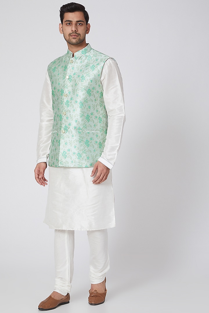 Aqua Green Floral Printed Bundi Jacket With Kurta Set by RNG Safawala Men