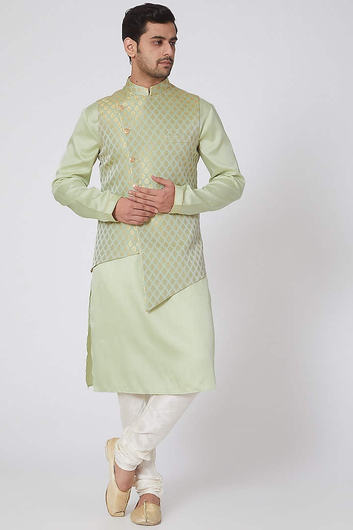 Green Asymmetrical Jacket Set by RNG Safawala Men
