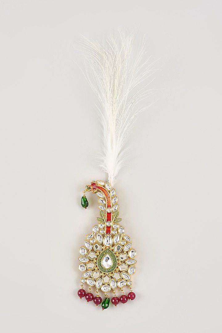 Gold Finish Green & Red Stone Feather Kalangi by RNG Safawala Men at Pernia's Pop Up Shop