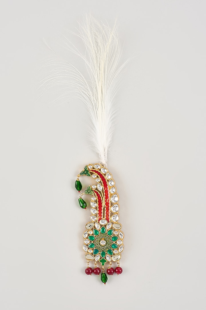 Gold Finish Green & Red Stone Feather Kalangi by RNG Safawala Men at Pernia's Pop Up Shop