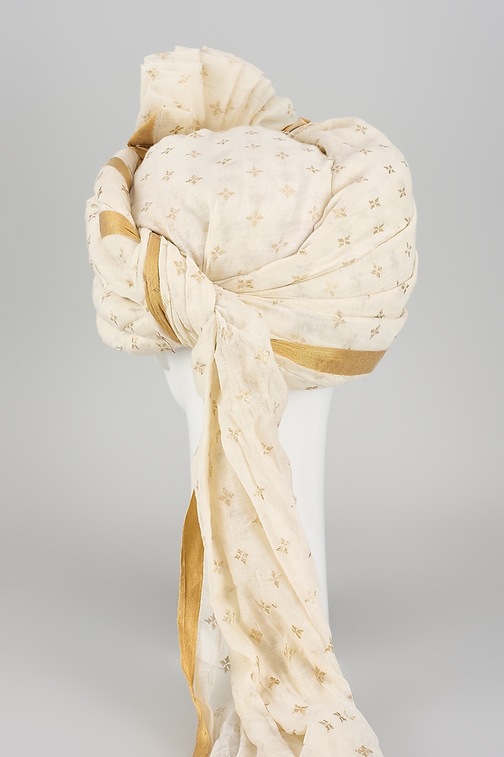 Off-White Chanderi Silk Golden Zari Hand Draped Safa by RNG Safawala Men at Pernia's Pop Up Shop