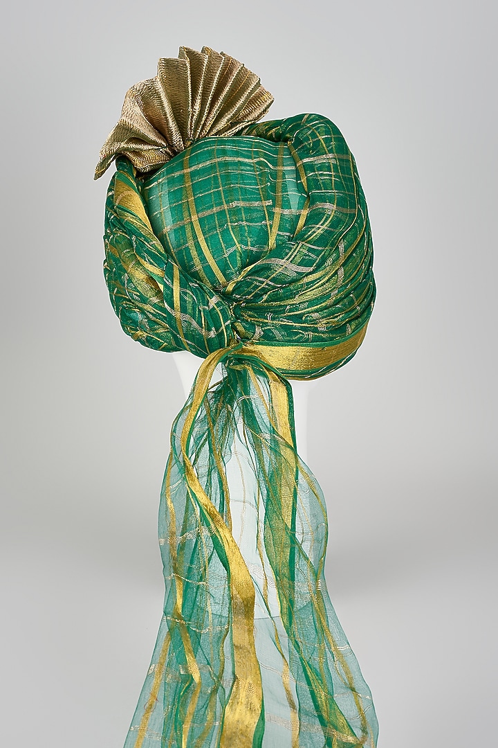 Emerald Green Banarasi Kora Silk Zari Checkered Hand Draped Safa by RNG Safawala Men at Pernia's Pop Up Shop