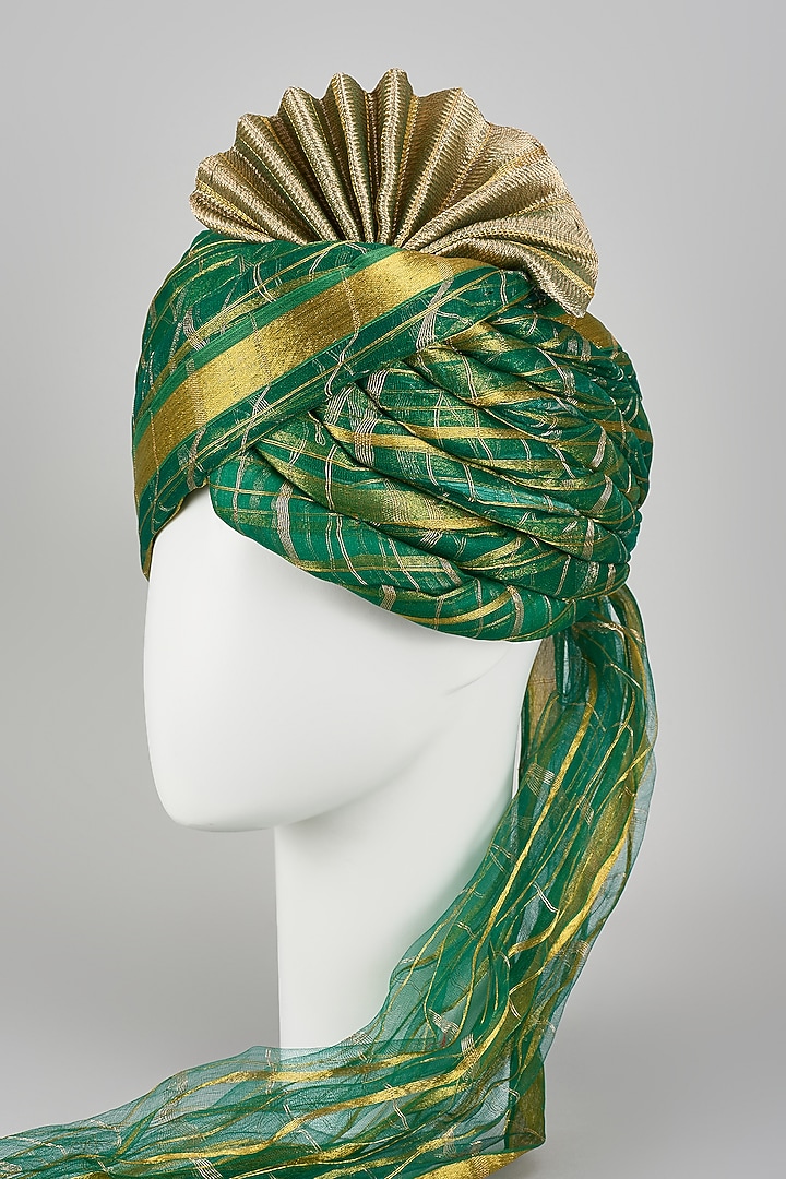 Emerald Green Banarasi Kora Silk Zari Checkered Hand Draped Safa by RNG Safawala Men at Pernia's Pop Up Shop